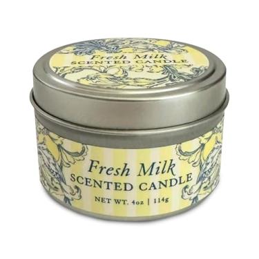 Imagem de Greenwich Bay Vela perfumada à mão em lata decorativa – 114 g Vela de viagem com pavio sem chumbo, cera vegetal, presente de aromaterapia de longa queima, pavio único – Feito nos EUA (leite fresco)