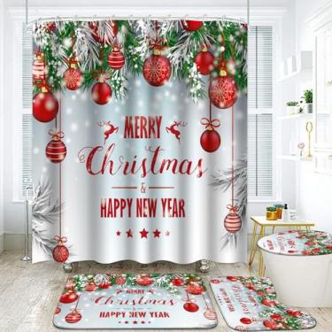 Imagem de Conjunto de 4 peças de cortina de chuveiro de Feliz Natal, cortina de chuveiro com lanterna vermelha com tampa de vaso sanitário e tapetes, cortina à prova d'água para banheiro, banheiro, decoração de