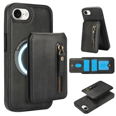 Imagem de Capa carteira removível para iPhone 16e compatível com carregamento Magsafe sem fio com suporte para cartão, bolso com zíper, suporte 2 em 1 à prova de choque (preta)
