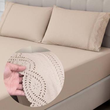 Imagem de Jogo de Cama Lençol King Size 3 Peças Bordado Inglês 400 Fios Lese - M