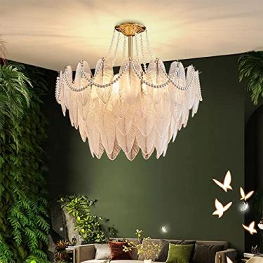 Imagem de Lustre de vidro contemporâneo com abajur de folha texturizada e penas Art Déco Design ajustável Cordão 4/6 luzes Luz pendente para sala de estar