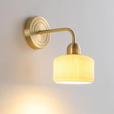 Imagem de Luminária de parede clássica de latão, luminária de parede moderna de cerâmica branca com acabamento listrado, luminária de parede de cabeceira elegante com fiação, luminária de parede de la