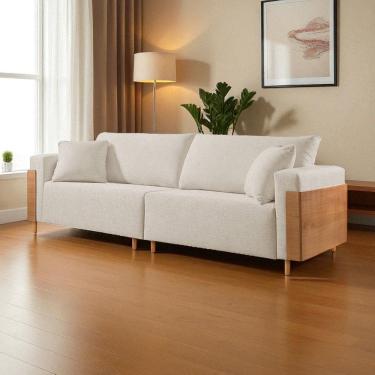 Imagem de Sofá Fixo Heitor 3 Lugares Luxo Pé de Madeira 1,80m Castellar Móbile Linho Bege Claro