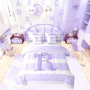 Imagem de Erosebridal Conjunto de edredom infantil casal com letra R com laço roxo e monograma, 7 peças, moderno, listras, para quarto de meninas, adolescentes e mulheres