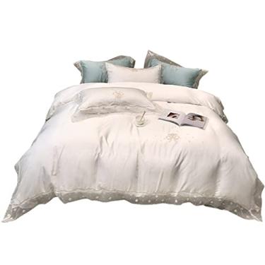 Imagem de Tencel Capa de edredom de quatro peças com laço de coração de menina nó de renda simples cor pura seda gelo roupa de cama de verão (cor: branco, tamanho: 2 m) (branco 1,5 m)