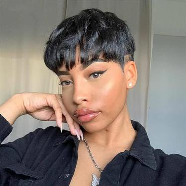 Imagem de Luxclipse Perucas de cabelo curto, cabelo humano com franja, sem cola, respirável, sem tampa, leve, sem emaranhado, para mulheres, cor natural (preto natural, 18 cm)