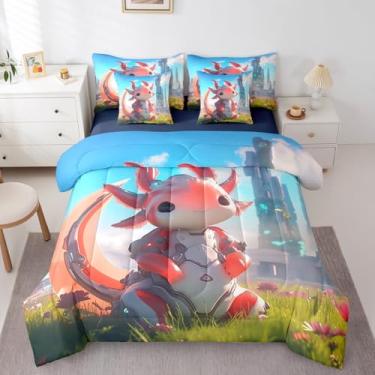 Imagem de Erosebridal Jogo de cama com estampa de robô axolotl, 7 peças, para crianças, meninos, meninas, salamandra, estilo robô, para crianças, meninos, meninas, conjunto de lençol completo com edredom