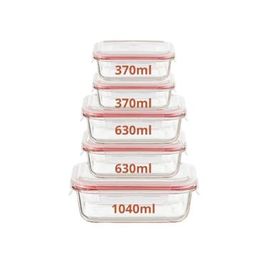 Imagem de Kit Conjunto 3/5/6/10 Potes Herméticos Geladeira Vidro Marmita Tampa Click Vedação Silicone Borracha(Combo 5 Potes - Vermelho)