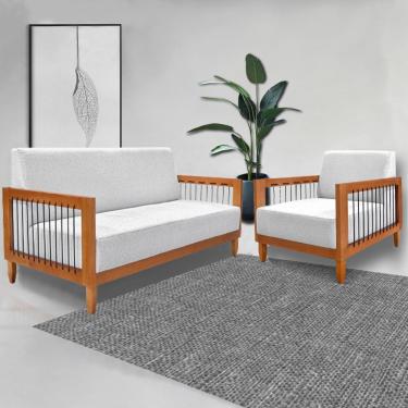 Imagem de Conjunto Sofá Namoradeira e Poltrona Sala de Estar Pés Madeira Maciça Corda Náutica Preta Manila Linho Cinza Rústico G63 - Gran Belo