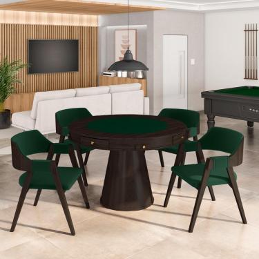 Imagem de Conjunto Mesa de Jogos Carteado Bellagio Tampo Reversível e 4 Cadeiras Madeira Poker Base Cone Veludo Verde/Capuccino G42 - Gran Belo