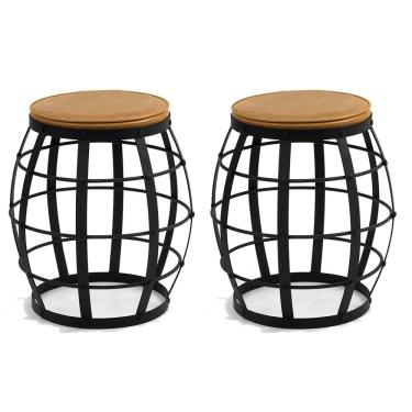 Imagem de Kit 02 Bancos Decorativos Seat Garden Estofado Flora Preto Couro Marrom Claro - Gran Belo