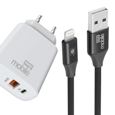 Imagem de Kit Carregador 25W com Cabo Lightning Certificado MFi 1,5m Easy Mobile, Compatível com iPhone X, XS, XR, 11, 12, 13, 14, iPad, Cor Preto