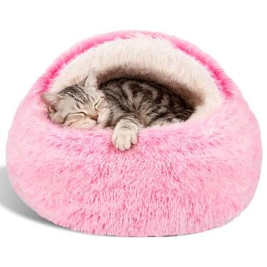 Imagem de MADDEMCUTE Cama calmante para cães e cavernas para gatos com capa com capuz, camas redondas laváveis removíveis para animais de estimação pequenos e médios, cama antiderrapante de pelo sintético para melhorar o sono, cabe até 15/11 kg (rosa, P)