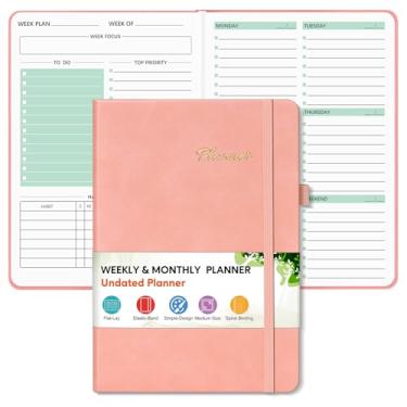 Imagem de Agenda semanal e mensal de capa dura sem data, caderno semanal de tarefas com organizador de rastreador de objetivos e hábitos, agenda de calendário semanal simplificado com encadernação espiral, 14,6