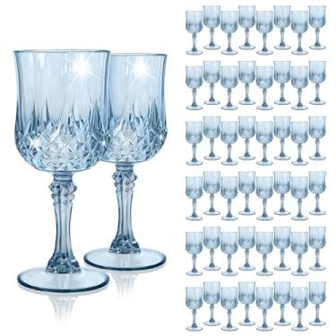 Imagem de EVSGSONL Pacote com 48 taças de vinho de plástico azul, taças de plástico vintage para festas, copos de água azuis empoeirados reutilizáveis para recepção de casamento, suprimentos de festa para