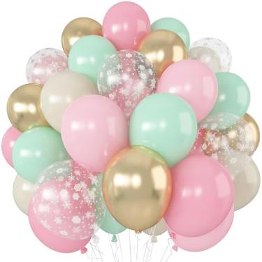 Imagem de Froova Pink and Green Balloons Pastel Pink Green Gold Latex Balloons Clear Snowflake Balloon for Pink Candyland Christmas Decor Xmas Baby in Bloom Fairy Floral Wildflower Baby Shower Birthday Party