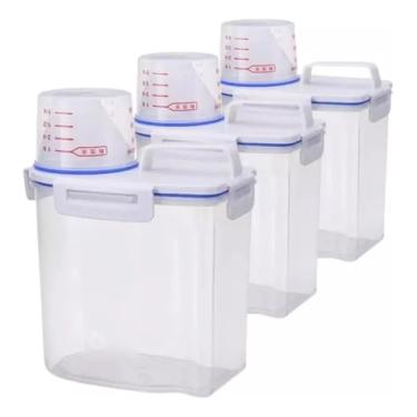 Imagem de Kit 3 Potes Herméticos 1,5L com Copo Medidor – Organizadores Transparentes para Cozinha e Lavanderia, Tampa Vedada e Empilhável