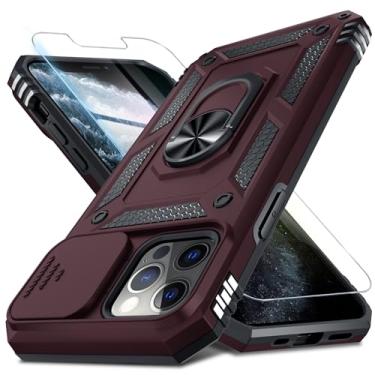 Imagem de Janmitta Capa para iPhone Xs Max, capa de lente de câmera deslizante embutida + protetor de tela, capa de telefone de corpo inteiro resistente à prova de choque com suporte de anel de dedo, vinho