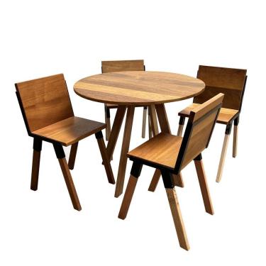 Imagem de Conjunto De Mesa Eiffel Industrial 90 Cm Com 4 Cadeiras Detroit Madeira Maciça Natural E Ferro Preto Marrom