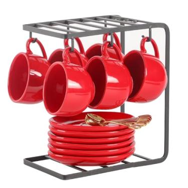 Imagem de vicrays Xícaras de café expresso de cerâmica - Conjunto de xícaras de café expresso de porcelana de 118 ml com pires, colheres e suporte de metal para chá, café, cappuccino, latte, - conjunto de 6