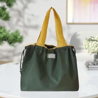 Imagem de Sacola dobrável portátil com fecho de cordão, bolsa de compras impermeável de grande capacidade, bolsa de compras para mulheres, viagens, uso diário, material de poliéster, verde militar
