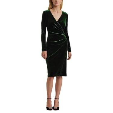 Imagem de Lauren Ralph Lauren Vestido feminino sobrepeliz de veludo elástico, Veludo verde esmeralda, 42