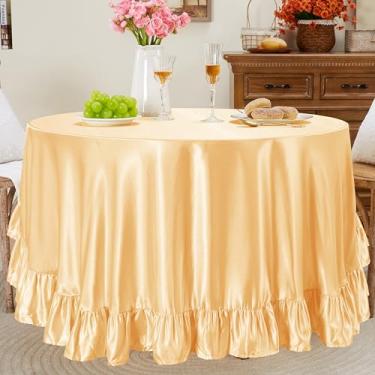 Imagem de Entisn Toalha de mesa redonda com babados de 300 cm, capa de mesa de cetim dourado claro inclui acabamento de 12 cm para mesa de 152 a 232 cm, lavável e resistente a amassados, decoração sedosa para