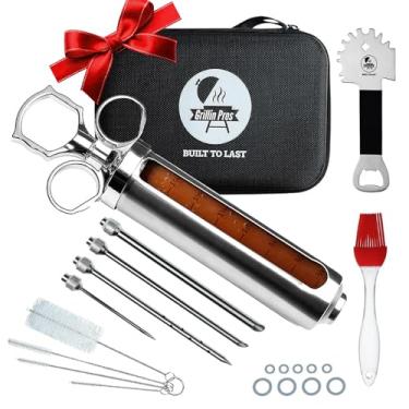 Imagem de Grillin Pros Kit injetor de carne para fumar ou grelhar, 59 g – Seringa de aço inoxidável para cozinhar o passe-partout, churrasco, aves e muito mais – injete marinada, temperos ou salmoura para adicionar sabor – com acessórios