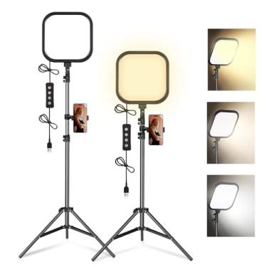 Imagem de Pacote com 2 kit de luzes de vídeo LED, luz de estúdio de 15 W, temperatura de cor 2500-8500K com suporte de tripé e suporte de telefone, fluxo regulável de 78 polegadas para gravação de vídeo