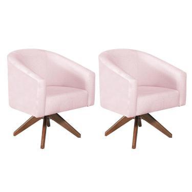 Imagem de Kit 02 Poltronas Decorativas Luiza Base Giratória De Madeira Suede - Doce Sonho Móveis Rosa Bebê