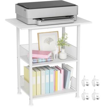 Imagem de BOHDK Suporte para impressora, mesa grande industrial de 3 níveis com prateleira, rack de armazenamento resistente móvel de 58,4 cm x 38,1 cm sobre rodas para impressora de escritório doméstico