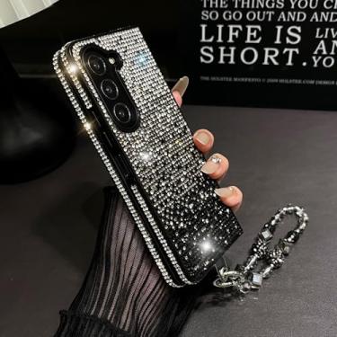Imagem de Szakdws Capa com glitter brilhante para Samsung Galaxy Z Fold 7 5G com corrente de pérola brilhante, fina e brilhante com strass de diamante, capa para meninas com pulseira para Galaxy Z Fold 7 (preto
