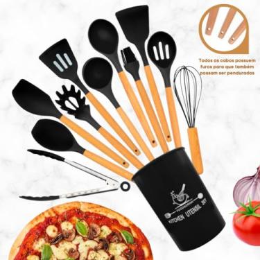 Imagem de Kit Utensílios de Cozinha Premium, 12 Peças em Silicone com Cabo de Madeira, Conjunto Completo com Suporte, Resistente a 230°C, Inclui Espátulas, Colheres, Batedor e Pinça (Cores Aleatórias)