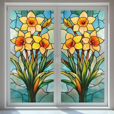 Imagem de Peacoblue Adesivo de janela dupla face para janelas de carro de vidro grandes, 1 folha de narcisos 120 cm x 30 cm à prova d'água removível para decoração de sala de aula e escritório em casa