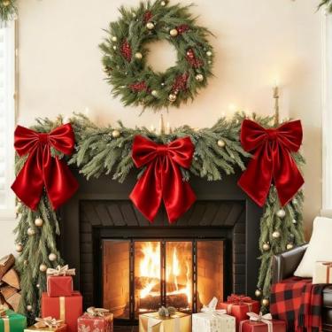 Imagem de Arcos vermelhos grandes para topo de árvore de Natal, 58 x 28 cm laço de cetim vermelho rubi decorações de árvore de Natal para quarto de fundo de parede como saia de berço para decoração de laço de