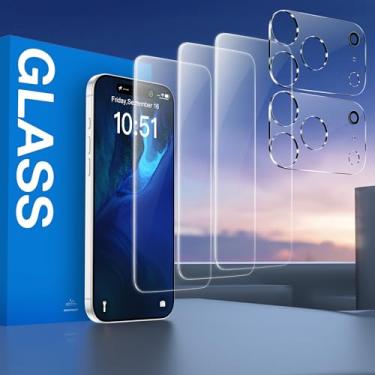 Imagem de [Pacote com 3+2] Pacote com 3 protetores de tela + 2 protetores de lente de câmera para iPhone 17 Pro, cobertura total, dureza 9H, vidro temperado, transparente HD, resistente a arranhões, compatível