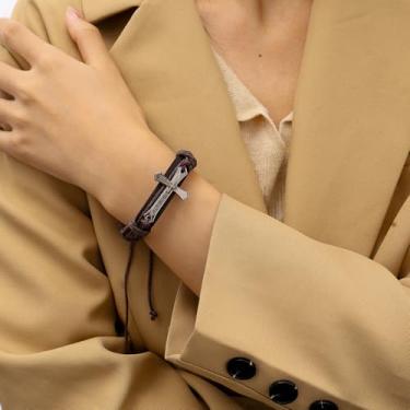 Imagem de Pulseira de cruz de couro trançado cristão para homens e mulheres, presentes para confirmação, batismo, design de nó deslizante ajustável, 18-23cm, Couro Metal, Sem Pedra Preciosa