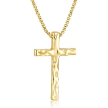 Imagem de Esrial Colar com cruz martelada para homens, pingente de cruz martelada com corrente de caixa vintage exclusivo crucifixo para homens, 45 a 61 cm, colar de cruz cristã, religioso, presente de Natal