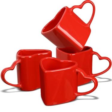 Imagem de Domensi 4 peças canecas em forma de coração dos namorados xícara de café coração vermelho 335 g caneca de cerâmica dia dos namorados com alça amor xícara de chá presente para decoração romântica de