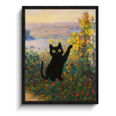 Imagem de CYFDYVT Arte engraçada de parede de gato preto, 20 x 25 cm, estampa de arte texturizada inspirada na cena do jardim de flores à beira do lago, arte de gato para sala de estar, quarto, decoração de