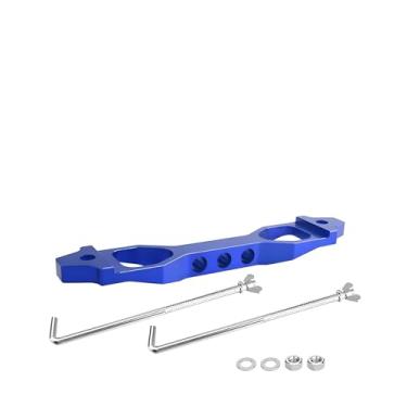 Imagem de AICEL Conjuntos de retenção de bateria, suporte de amarração de bateria de carro de liga de alumínio tarugo, suporte de trava de barra transversal automotiva com parafusos J de ferro galvanizado, acessórios de carro para a maioria dos veículos (azul)