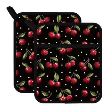 Imagem de FREEBLOSS 2 peças de suporte de panela 100% algodão padrão cereja resistente ao calor suportes de panela quadrados almofadas quentes de forno para cozinha cozinhar luvas, 7,9" x 9,4"/20 x 24 cm