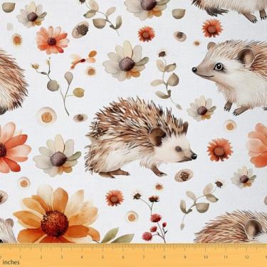 Imagem de Cute Hedgehog Fabric by The Yard Desenhos Animados Floral Animal Selvagem Crianças Meninas Mulheres Costura Tecido Macio Planta Rústica DIY Tecidos para Estofamento e Decoração Doméstica Marrom