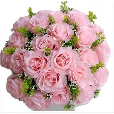 Imagem de Buquê de rosas com folhagem - Arranjo Floral Decorativo para Mesa, Sala de Estar, Eventos e Presentes - Beleza Eterna e Realista(Rosa claro,1 Unidade)