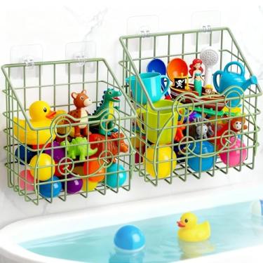 Imagem de Pacote com 2 cestos organizadores de brinquedos de banho, suporte grande de metal para banheira, cesta de chuveiro suspensa na parede, organizador de brinquedos de banho para separar brinquedos/roupas