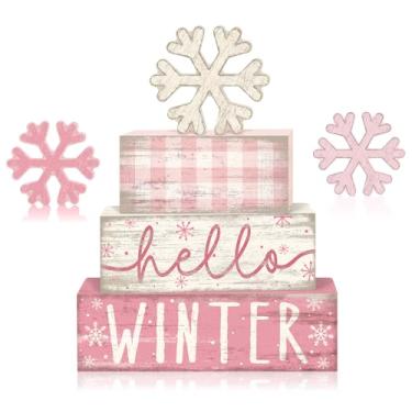 Imagem de Conjunto de 6 peças de decoração de mesa rosa Hello Winter para decoração de bandeja de inverno rústica de madeira rosa floco de neve placas de bloco de pilha, presente de casa de fazenda, decorações