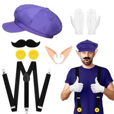 Imagem de Xtinmee 6 peças fantasia de Halloween Super Role Play Bros chapéu de encanador mau orelhas de elfo bigode suspensório botão luva para adultos (cor clássica)