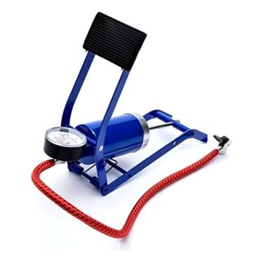 Imagem de Bomba de Ar Profissional para Bicicleta, Moto e Carro, Pedal de Alta Pressão, Metal Azul, com Manômetro e Mangueira Vermelha