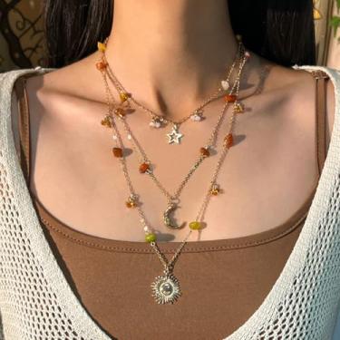 Imagem de Colares femininos Boho em camadas, corrente com contas douradas, pingente de sol, lua e sol, presente de joia, Medium, Latão, Sem Pedra Preciosa