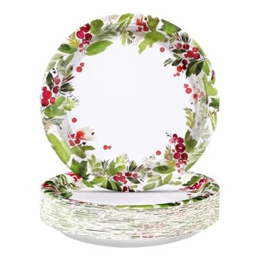 Imagem de Greencian 50 peças de pratos de papel de Natal, 25,4 cm, pratos de azevinho em aquarela, prato descartável, cereja, jantar, utensílios de mesa, decorações de festa de Natal para festas de inverno